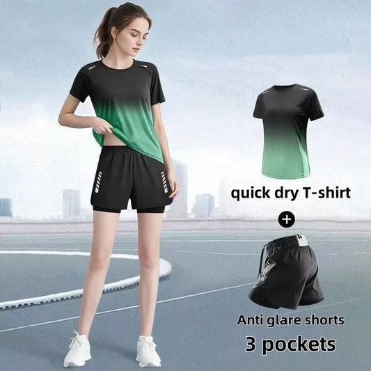 Women's sportswear set, running shorts, T-shirt, yoga wear, thin fitness badminton wear, breathable comfortable and well-fitting