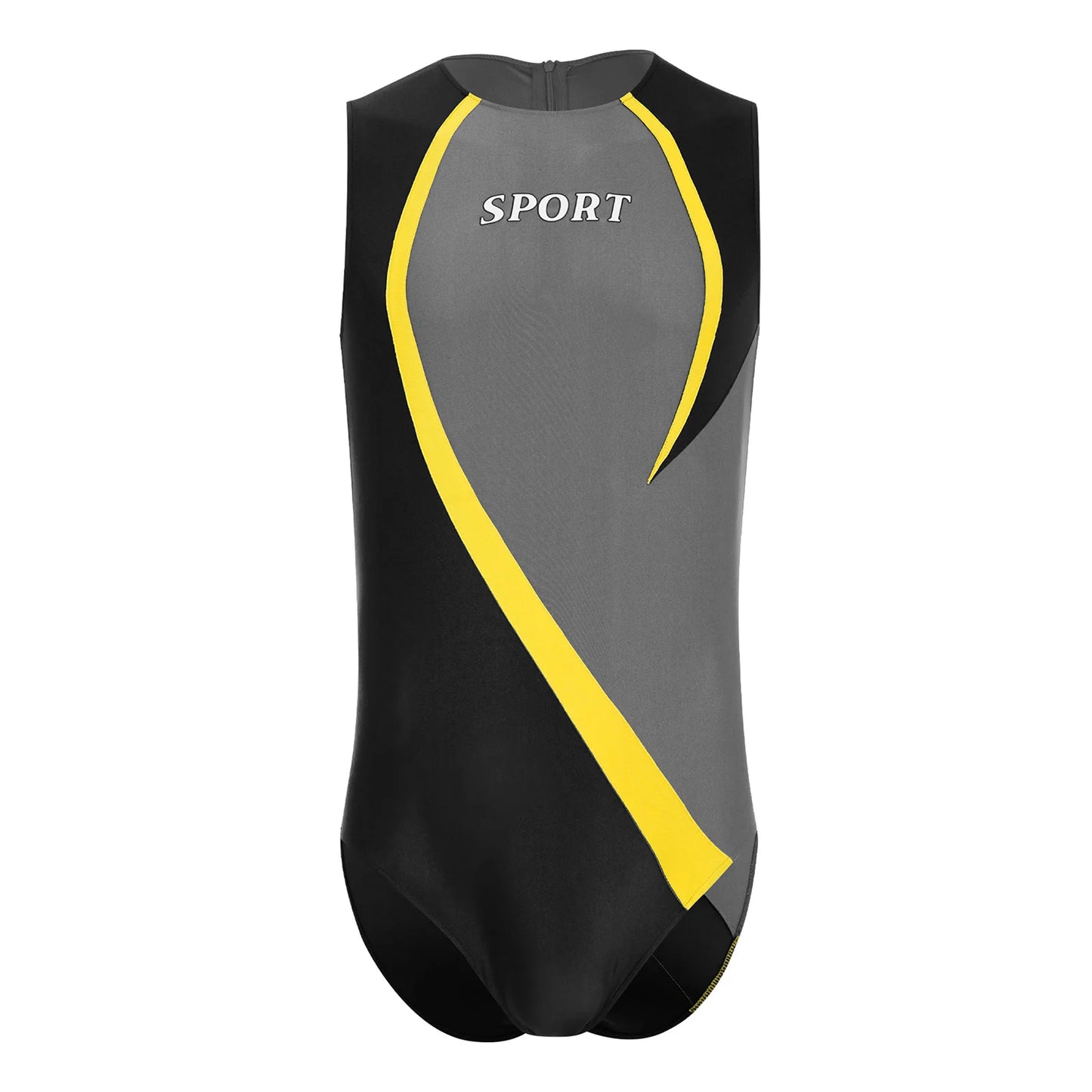 Gym Bodybuilding Leotard for Mens One-piece Swimsuit Sleeveless Zipper Color Block Sports Bodysuit Workout Athletic Costume