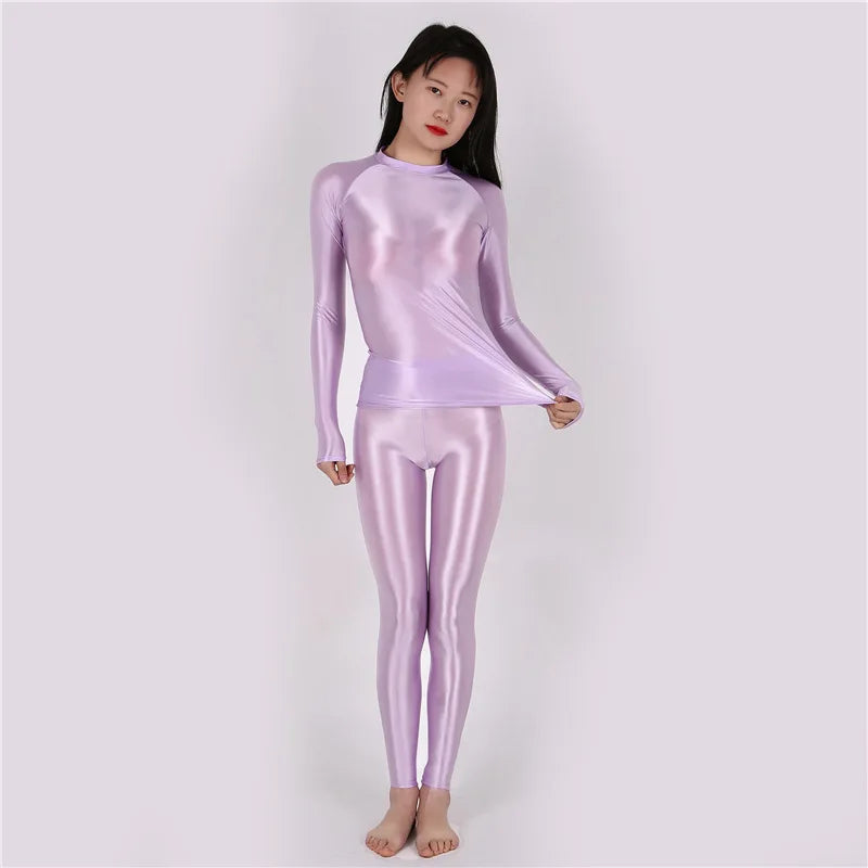 Yoga Suit Oily Pants+ Top Silky Shiny Sexy Workout Clothes for Women High Elastic Plus Size Gym Clothing Set