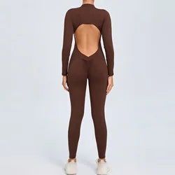 Women Sportwear Yoga Jumpsuit Zipper Long Sleeve Back Open Outfit Fitness Tracksuit Tight One-piece Gym Overalls Sports Bodysuit
