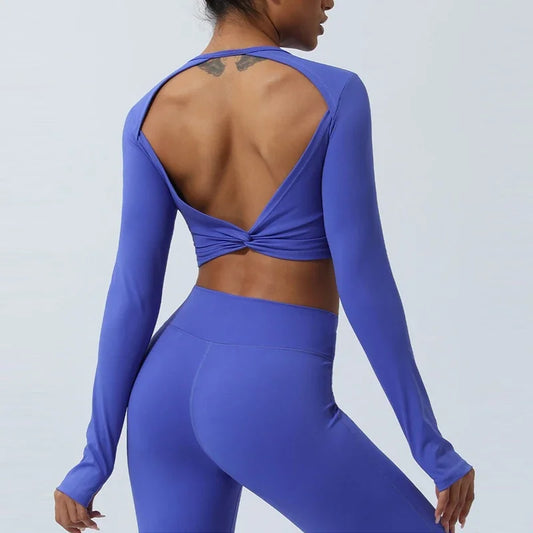 Sexy Backless Long Sleeve Yoga Clothing Stretch Gym Workout  Top Female Running Quick Dry Sportswear Women Back Cross Sports Top