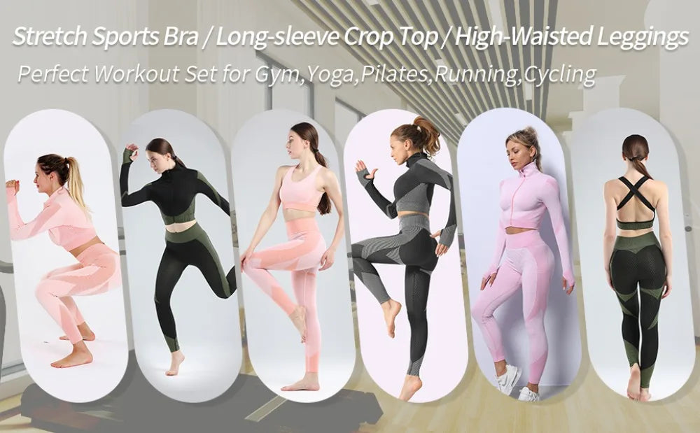 Women's 3PC Seamless Gym Clothing Workout Outfit with Jacket Bra & Leggings Set Three-piece Yoga Suit for Sports Fitness
