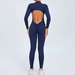 Women Sportwear Yoga Jumpsuit Zipper Long Sleeve Back Open Outfit Fitness Tracksuit Tight One-piece Gym Overalls Sports Bodysuit