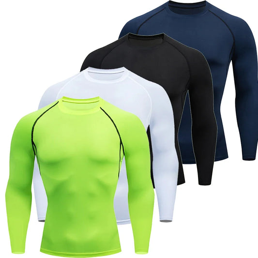 Men's Tight Bodybuilding Long Sleeve Quick Dry Running Sun Sports Compression Thin T Shirt Pullover Gym Fitness Workout Clothing