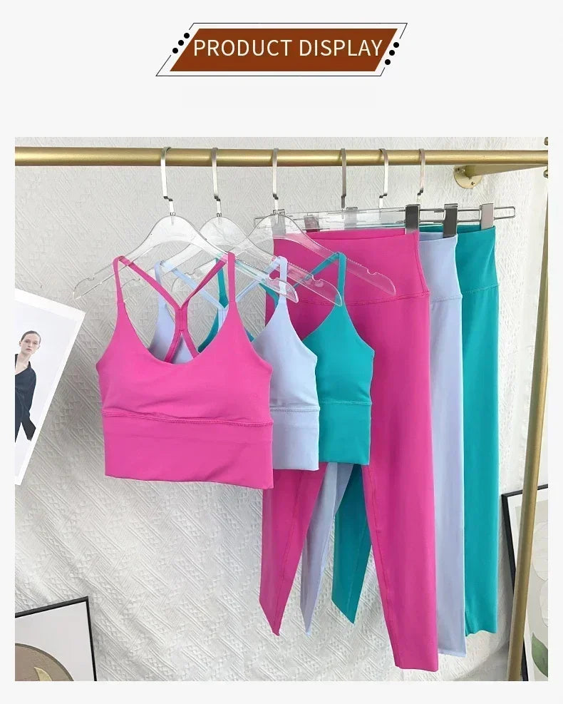 2 Piece Yoga Set Sportswear Fitness Suits Sexy Cross back Yoga Tops Elasticity High Waist Leggings Running Sports Clothing👚👍️