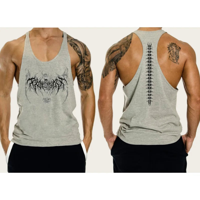 2025 New Cotton Exercise Gym Vest - Men's Muscle Sleeveless Sportswear, Front & Back Print Stringer for Bodybuilding Fitness