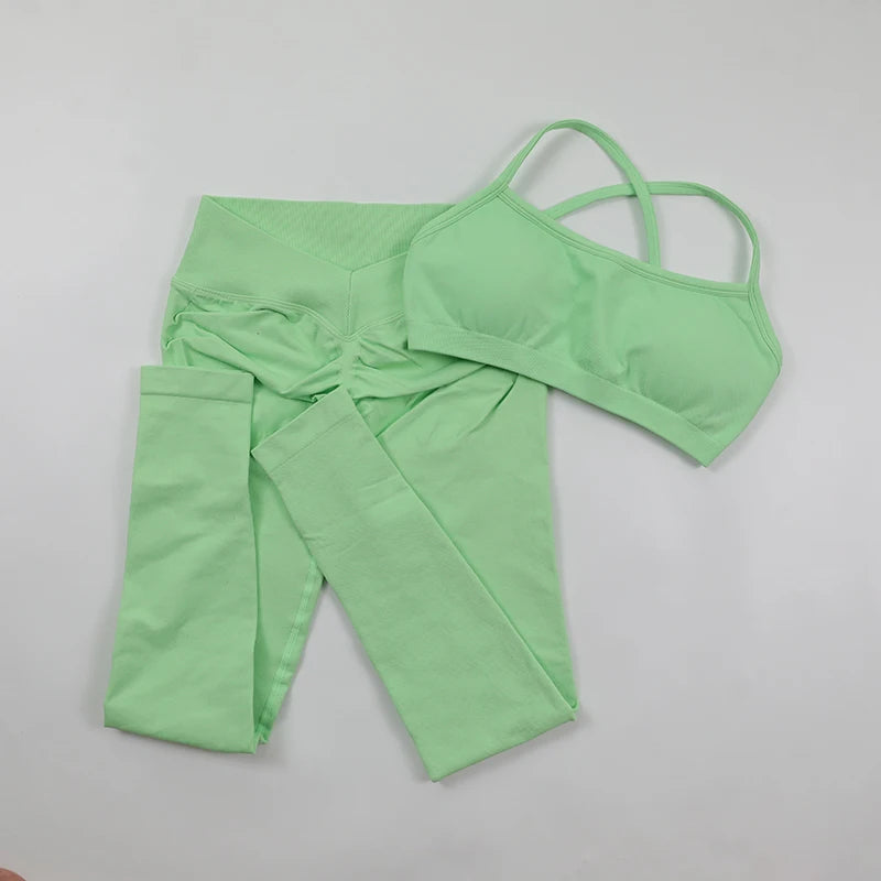 Seamless Yoga Set Women Fitness Sportswear Pilates Clothing V-Back Gym Leggings Push Up Strappy Sports Bra 2 Piece Sports Suits