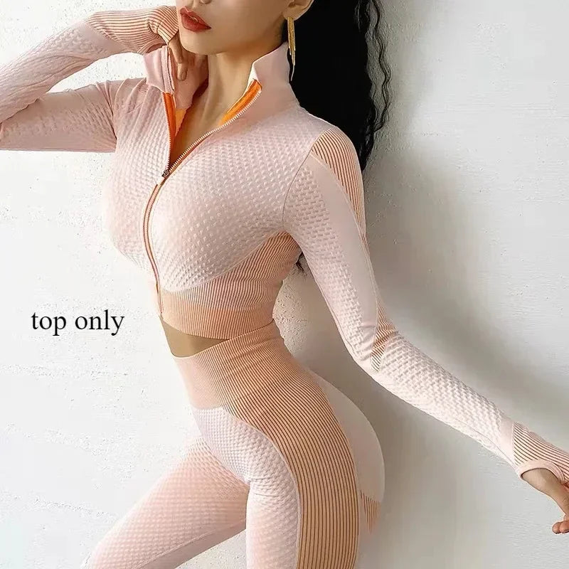 Yoga Clothes Gym Wear Women Fitness Clothing Outfit Workout Zipper Sportswear Long Sleeve Crop Bra Top Leggings Seperately Sold
