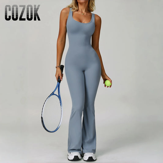 Women Workout Jumpsuit Sports Overalls Gym Clothing Sexy Back Yoga Sportswear Hip Lift Fitness Workout Clothes with Flared Pants