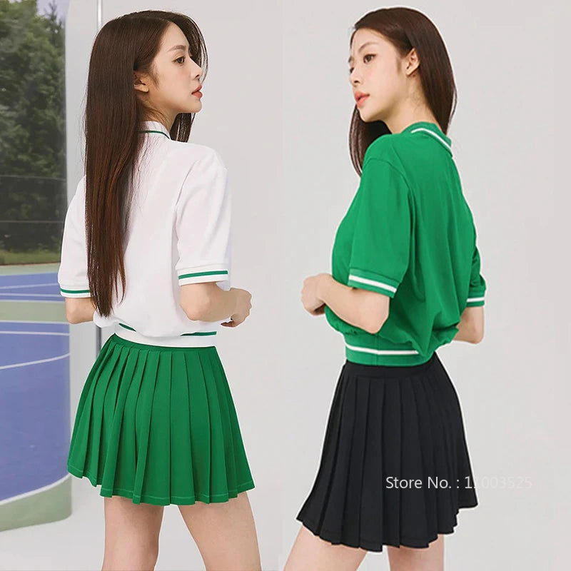 Women Tennis Outfit Quick Dry Fitness Polo Shirt Gym Workout Yoga Top Ladies Pleated Slim Culottes Anti-emptied Badminton Skirt