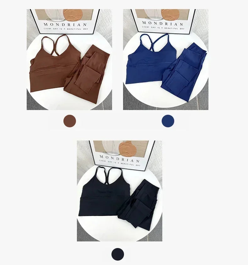 2 Piece Yoga Set Sportswear Fitness Suits Sexy Cross back Yoga Tops Elasticity High Waist Leggings Running Sports Clothing👚👍️