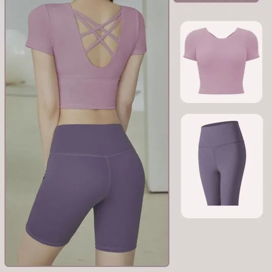 Yoga Clothes for Women New Style Short-sleeved Sports Fitness Pilates Training Clothes Tops with Chest Pads