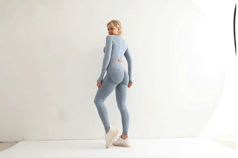 Seamless Yoga Sets Women Workout Sportswear Gym Clothing Long Sleeve Crop Top High Waist Leggings Workout Fitness Sports Suits