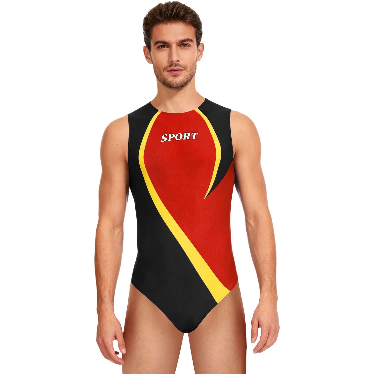 Swimwear Mens Gym Workout Athletic Leotard Jumpsuit Swimsuit Round Neck Back Invisible Zipper Color Block Sports Bodysuit