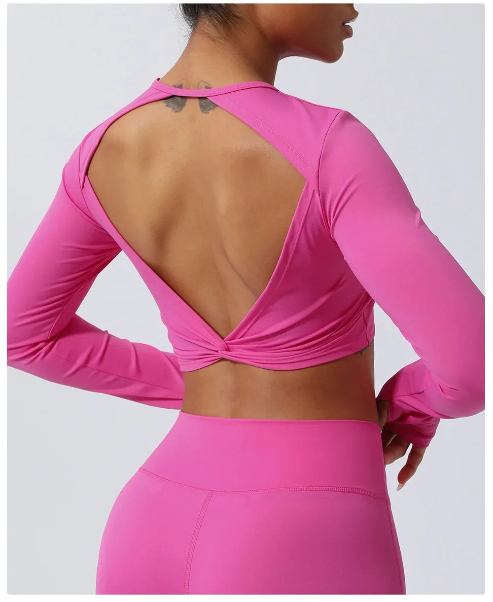 Sexy Backless Long Sleeve Yoga Clothing Stretch Gym Workout  Top Female Running Quick Dry Sportswear Women Back Cross Sports Top