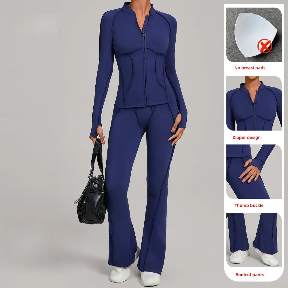 Gym Yoga Outfit for Women Autumn Winter Zipper Long Sleeve Fitness Suit Daily Casual Running Fitness Sportswear Two-Piece Sets