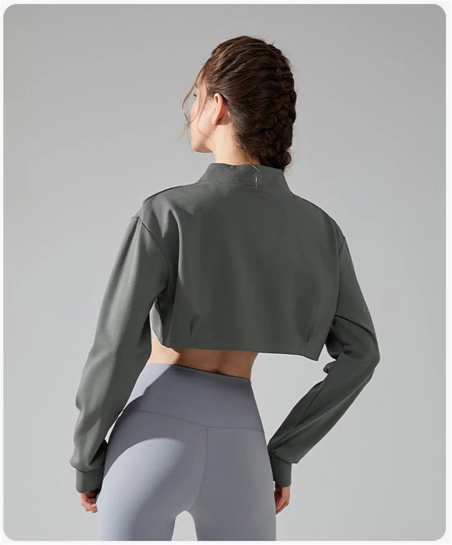 Women Yoga Crop Top Sports T-Shirts Gym Clothing Loose Full Zip-up Long Sleeve Sportswear Workout Clothing Fitness Jacket