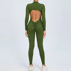 Women Sportwear Yoga Jumpsuit Zipper Long Sleeve Back Open Outfit Fitness Tracksuit Tight One-piece Gym Overalls Sports Bodysuit