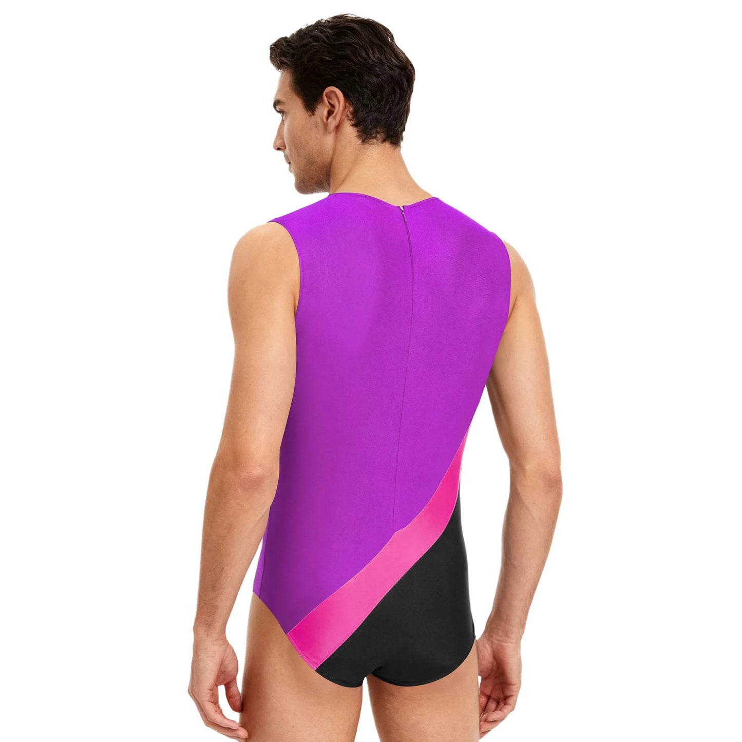 Gym Bodybuilding Leotard for Mens One-piece Swimsuit Sleeveless Zipper Color Block Sports Bodysuit Workout Athletic Costume