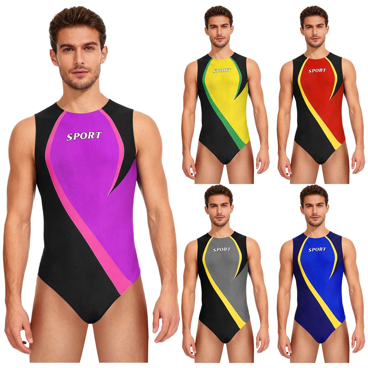 Gym Bodybuilding Leotard for Mens One-piece Swimsuit Sleeveless Zipper Color Block Sports Bodysuit Workout Athletic Costume