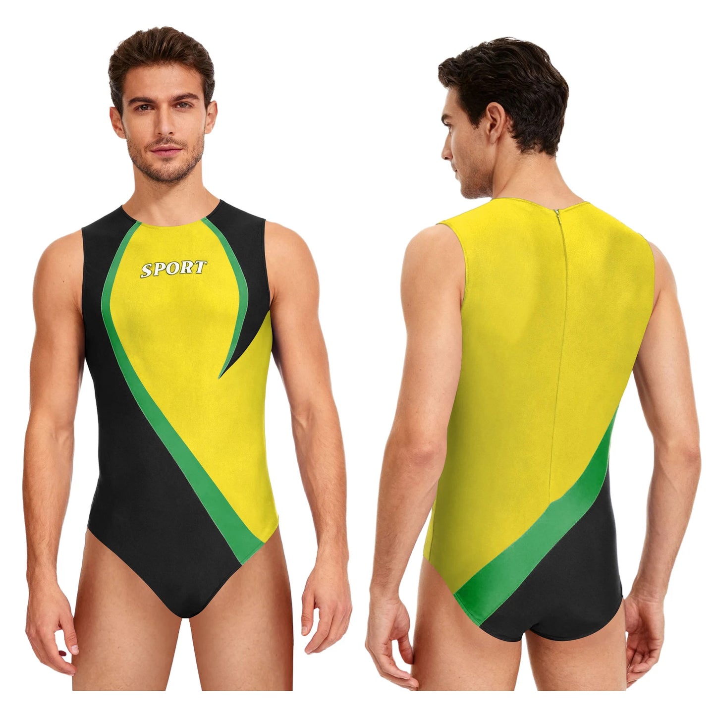 Gym Bodybuilding Leotard for Mens One-piece Swimsuit Sleeveless Zipper Color Block Sports Bodysuit Workout Athletic Costume