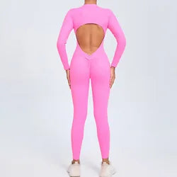 Women Sportwear Yoga Jumpsuit Zipper Long Sleeve Back Open Outfit Fitness Tracksuit Tight One-piece Gym Overalls Sports Bodysuit