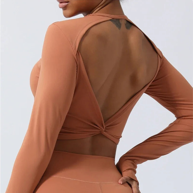 Sexy Backless Long Sleeve Yoga Clothing Stretch Gym Workout  Top Female Running Quick Dry Sportswear Women Back Cross Sports Top