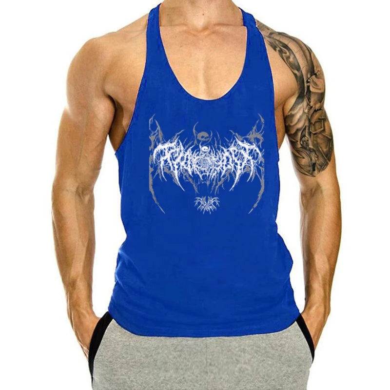 2025 New Cotton Exercise Gym Vest - Men's Muscle Sleeveless Sportswear, Front & Back Print Stringer for Bodybuilding Fitness