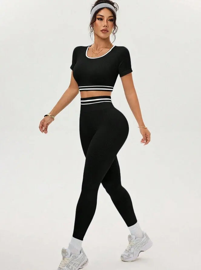 Women Gym Sets Crop Top Shirts Leggings Suits Elastic Fitness Sports Casual Workout Athletic Yoga Pants Tights 2 Pecs Sportswear