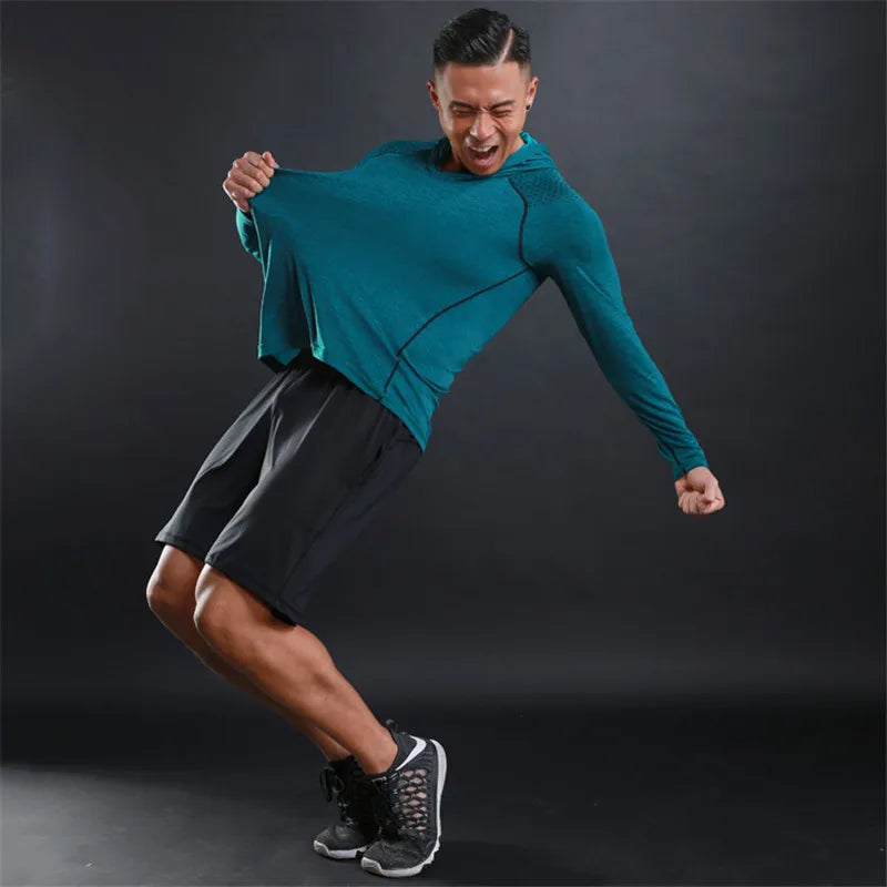 Men Elastic Running Tops Breathable Long Sleeve Gym t Shirt Male Casual Hooded t-Shirts Quick Dry Fitness Shirts Man Clothing