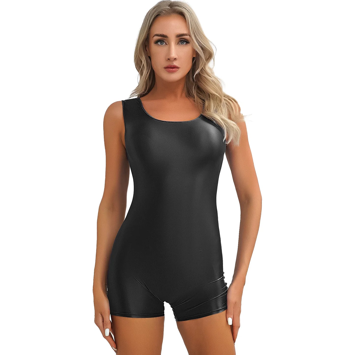 Women Glossy Sleeveless Gymnastics Yoga Sport Boyleg Bodysuit Pilates Aerobics Dance Leotard Gym Bodybuilding Workout Playwear