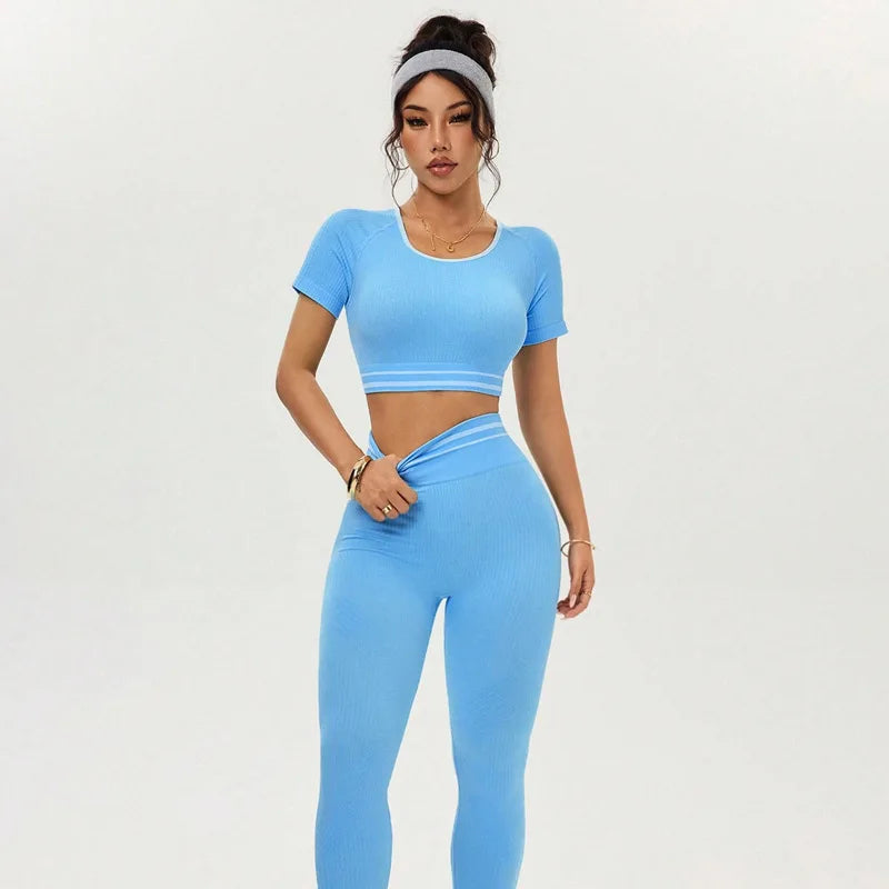 Women Gym Sets Crop Top Shirts Leggings Suits Elastic Fitness Sports Casual Workout Athletic Yoga Pants Tights 2 Pecs Sportswear