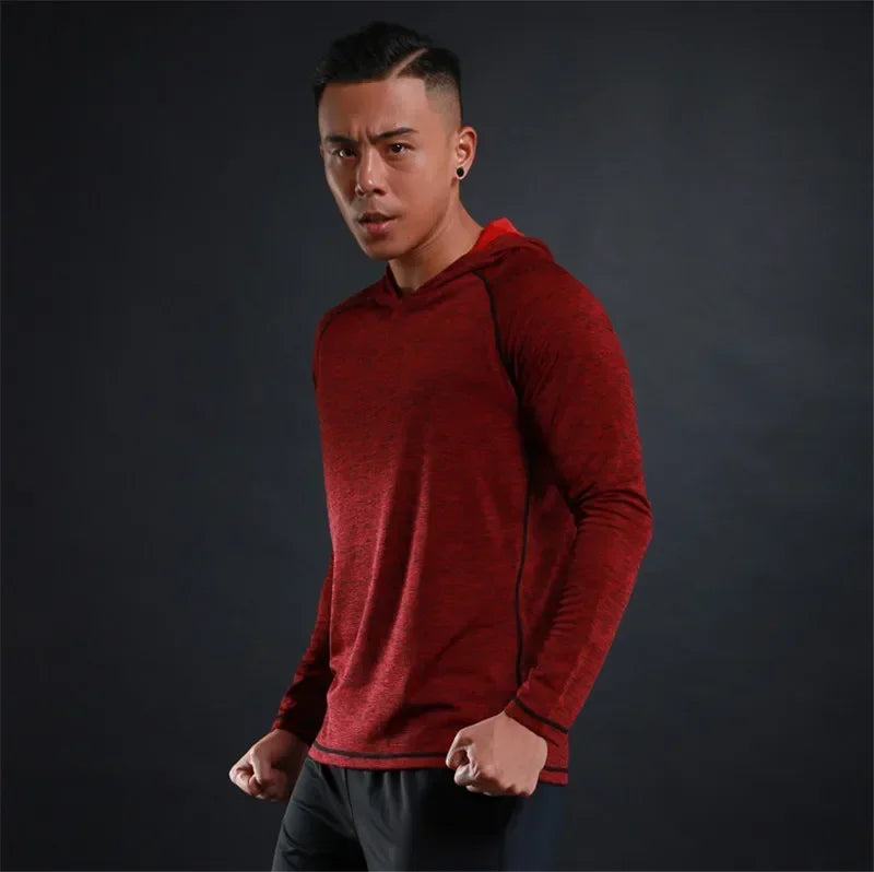 Men Elastic Running Tops Breathable Long Sleeve Gym t Shirt Male Casual Hooded t-Shirts Quick Dry Fitness Shirts Man Clothing
