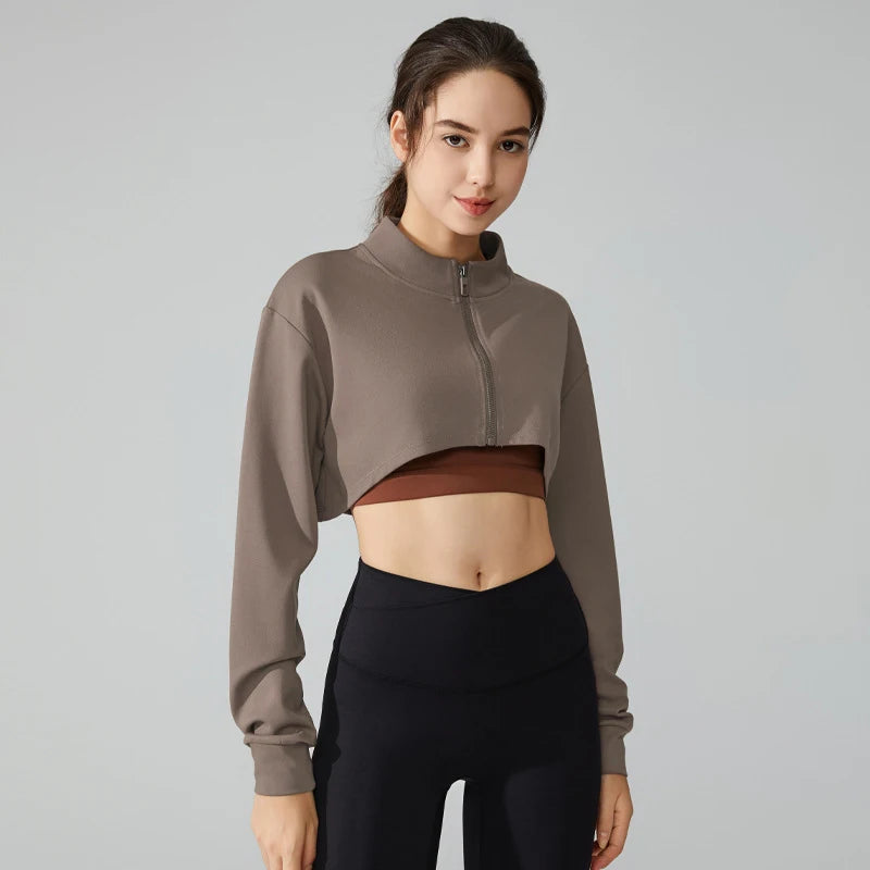 Women Yoga Crop Top Sports T-Shirts Gym Clothing Loose Full Zip-up Long Sleeve Sportswear Workout Clothing Fitness Jacket