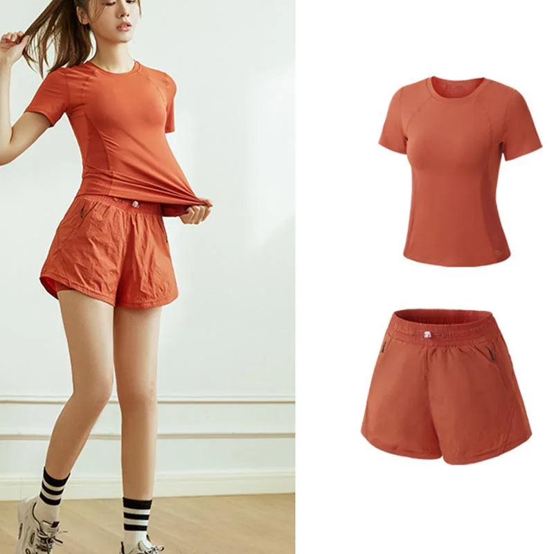 Women Gym Yoga Wear Sport High Waist Short Pocket Run Women Sportswear Fitness Outfi Push Up Quick Drying Summer Sport Clothing