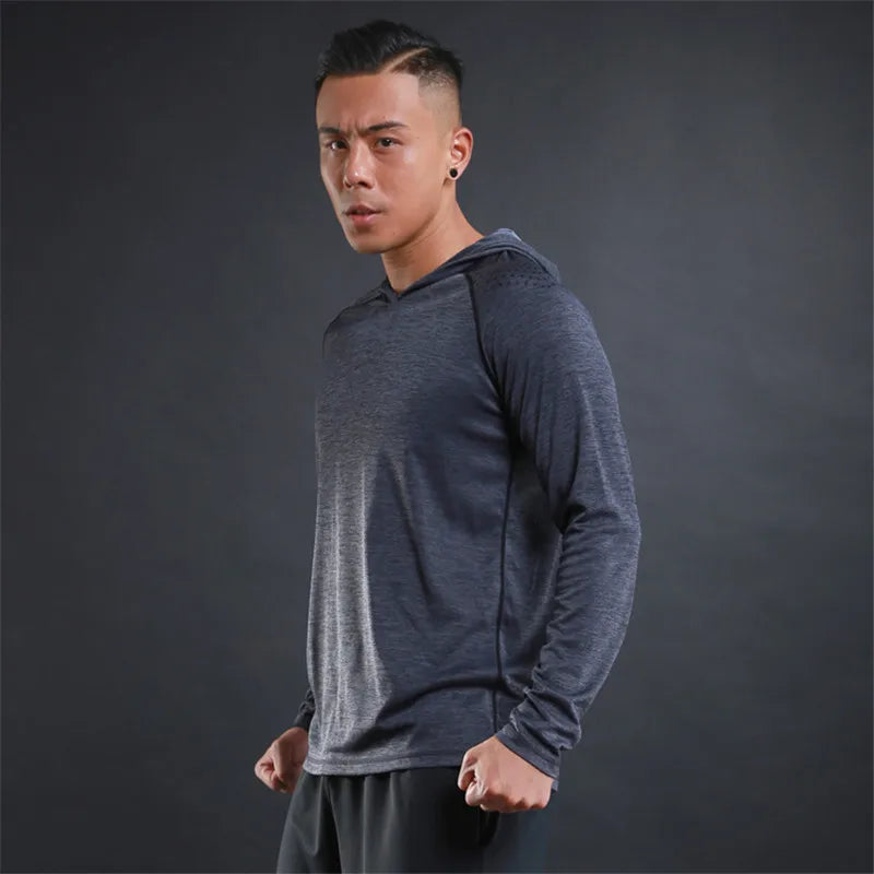 Men Elastic Running Tops Breathable Long Sleeve Gym t Shirt Male Casual Hooded t-Shirts Quick Dry Fitness Shirts Man Clothing