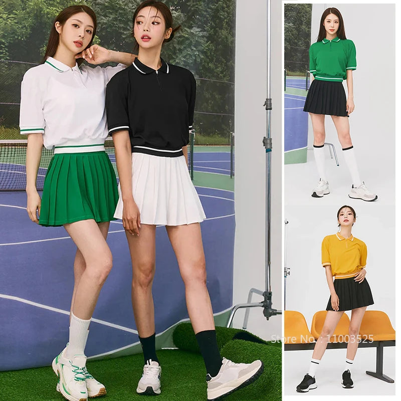 Women Tennis Outfit Quick Dry Fitness Polo Shirt Gym Workout Yoga Top Ladies Pleated Slim Culottes Anti-emptied Badminton Skirt