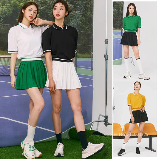 Women Tennis Outfit Quick Dry Fitness Polo Shirt Gym Workout Yoga Top Ladies Pleated Slim Culottes Anti-emptied Badminton Skirt