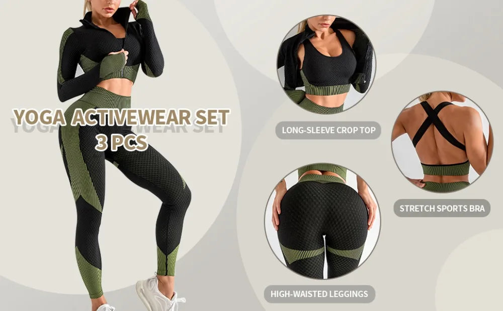Women's 3PC Seamless Gym Clothing Workout Outfit with Jacket Bra & Leggings Set Three-piece Yoga Suit for Sports Fitness