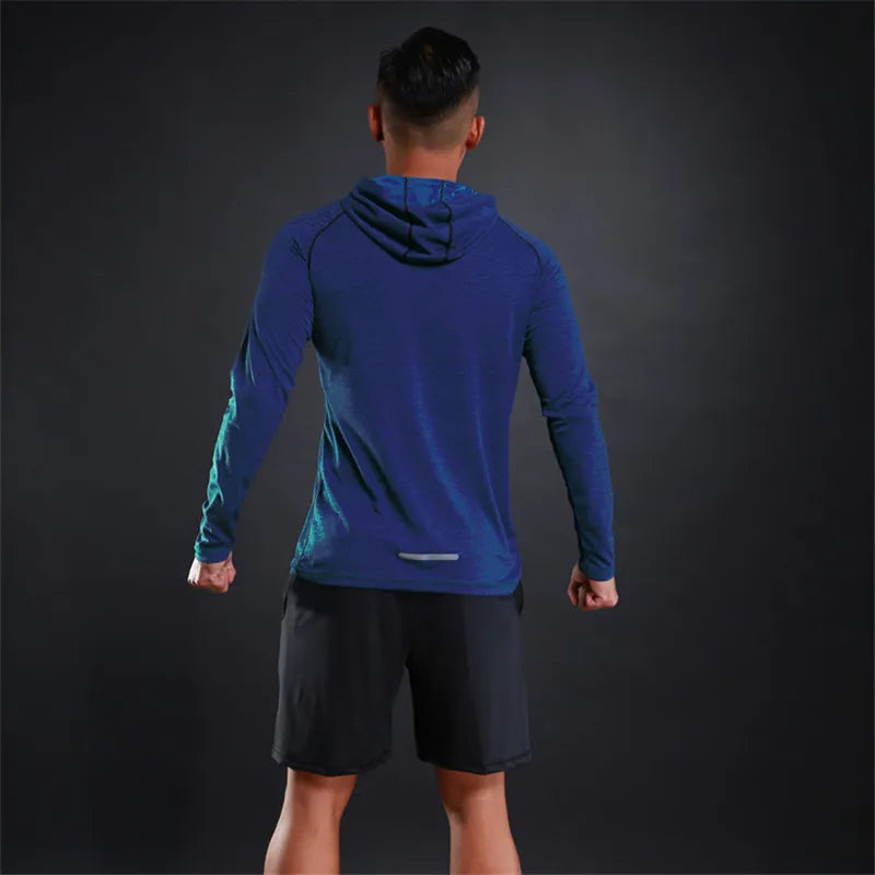 Men Elastic Running Tops Breathable Long Sleeve Gym t Shirt Male Casual Hooded t-Shirts Quick Dry Fitness Shirts Man Clothing