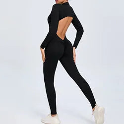 Women Sportwear Yoga Jumpsuit Zipper Long Sleeve Back Open Outfit Fitness Tracksuit Tight One-piece Gym Overalls Sports Bodysuit