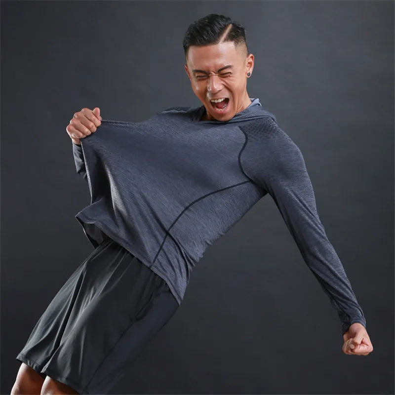 Men Elastic Running Tops Breathable Long Sleeve Gym t Shirt Male Casual Hooded t-Shirts Quick Dry Fitness Shirts Man Clothing