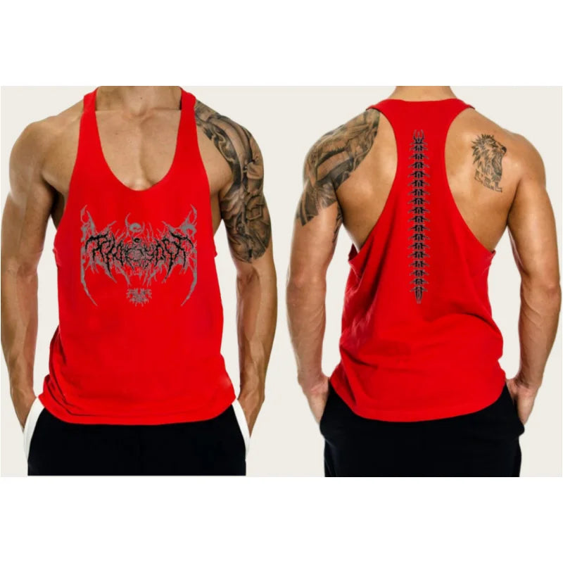 2025 New Cotton Exercise Gym Vest - Men's Muscle Sleeveless Sportswear, Front & Back Print Stringer for Bodybuilding Fitness