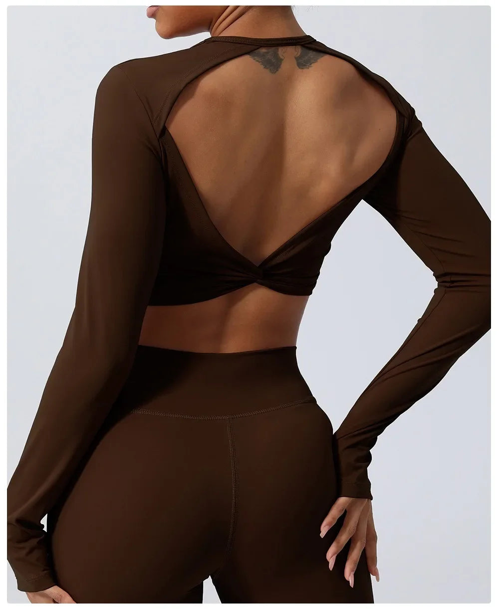 Sexy Backless Long Sleeve Yoga Clothing Stretch Gym Workout  Top Female Running Quick Dry Sportswear Women Back Cross Sports Top