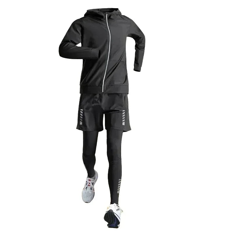 Men's running suit, long sleeve top + long pants + shorts, comfortable fit light, autumn training outdoor exercise clothing