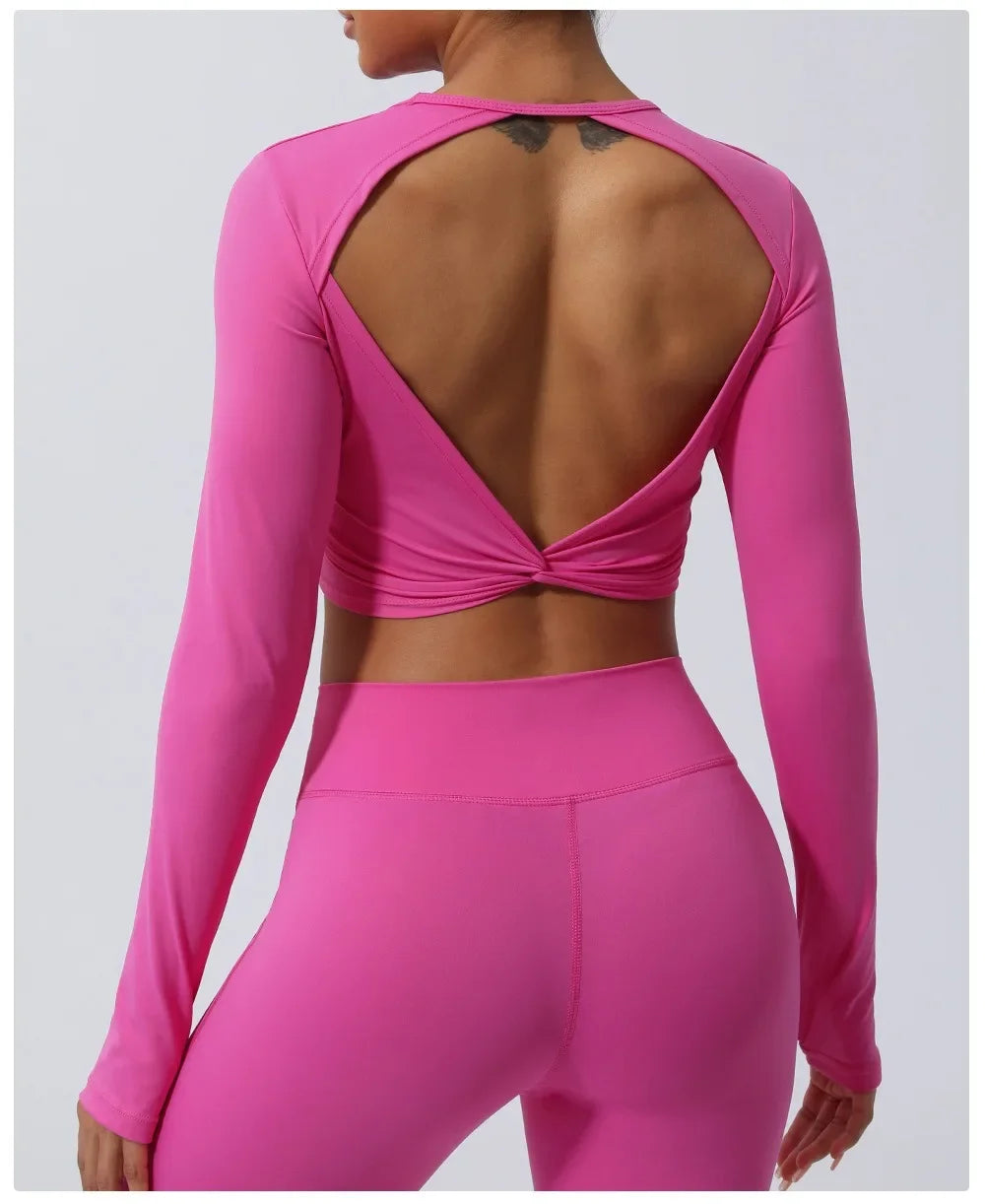 Sexy Backless Long Sleeve Yoga Clothing Stretch Gym Workout  Top Female Running Quick Dry Sportswear Women Back Cross Sports Top
