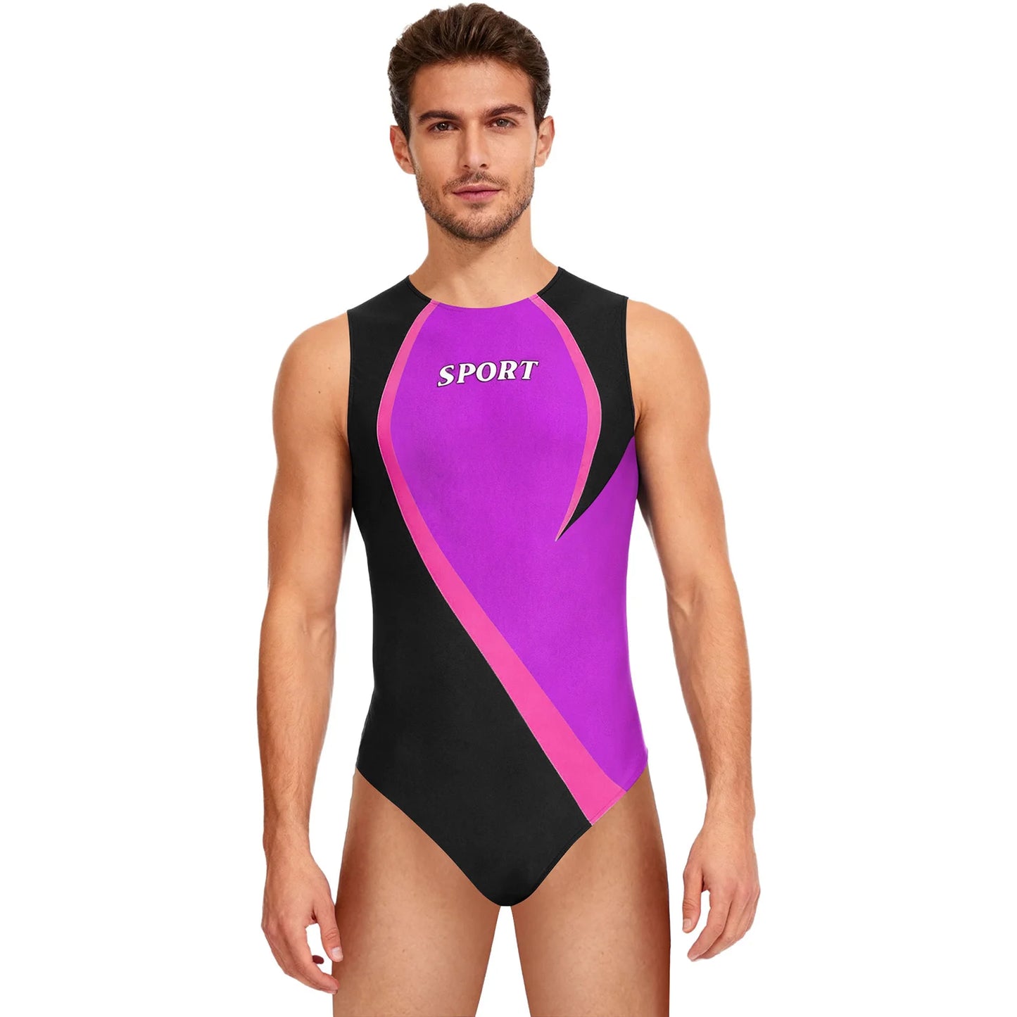 Swimwear Mens Gym Workout Athletic Leotard Jumpsuit Swimsuit Round Neck Back Invisible Zipper Color Block Sports Bodysuit