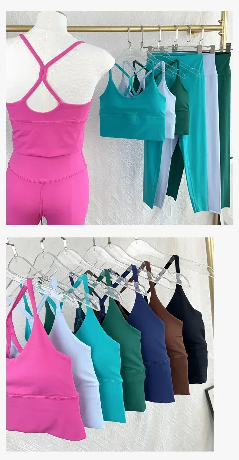 2 Piece Yoga Set Sportswear Fitness Suits Sexy Cross back Yoga Tops Elasticity High Waist Leggings Running Sports Clothing👚👍️