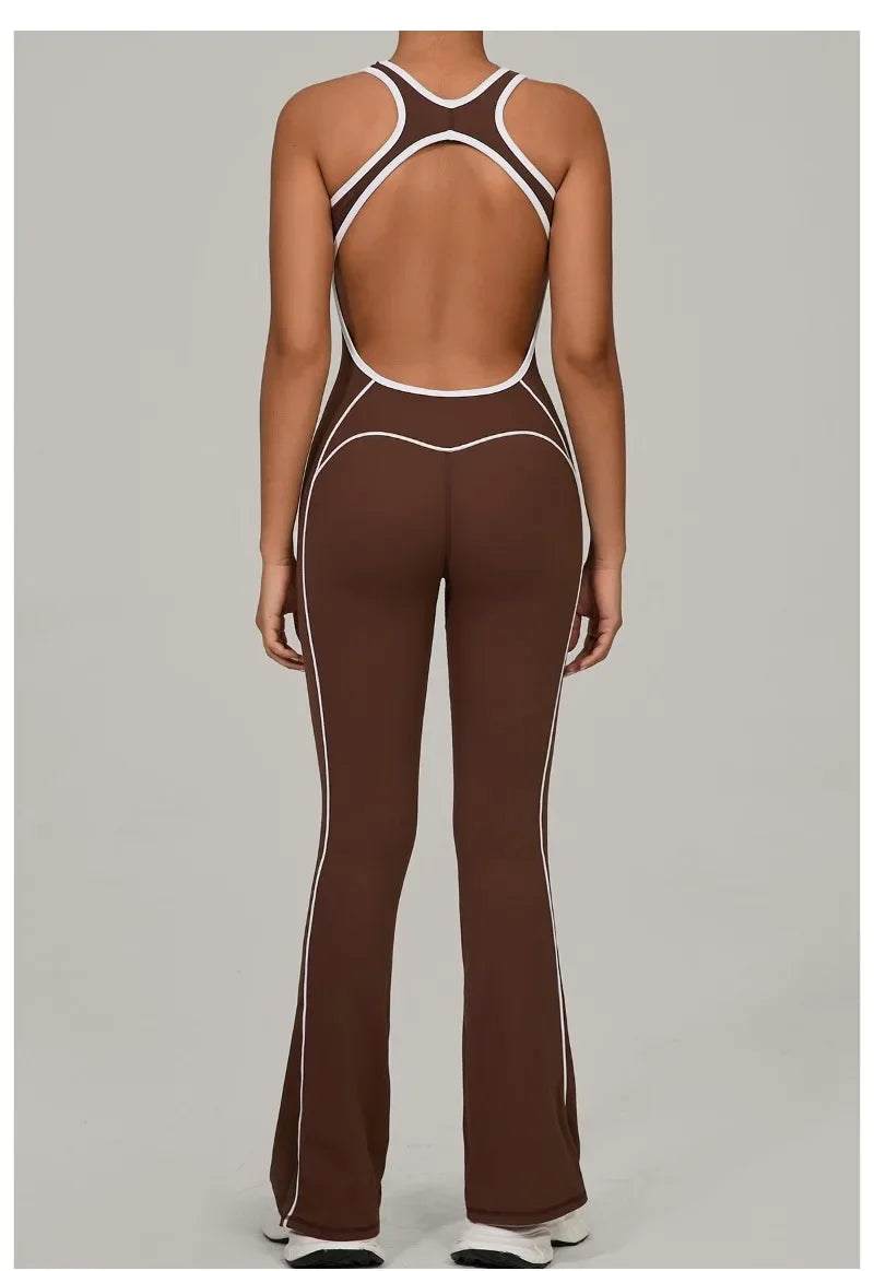 Yoga Jumpsuit Sports Fitness Hip Lifting Pleating Beautiful Back One-piece Micro Flared Workout Clothing Gym Bodysuit for Women