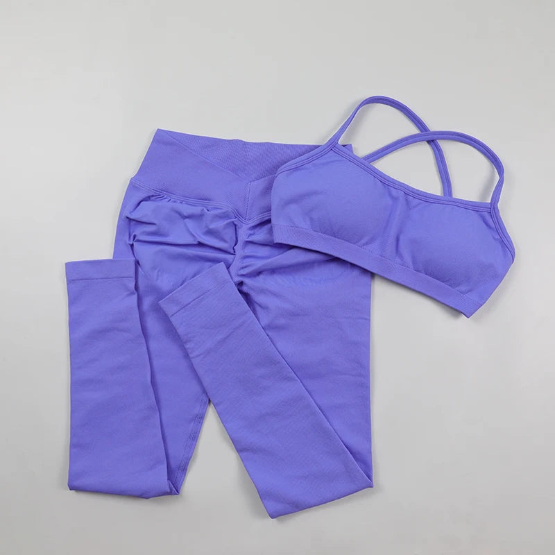 Seamless Yoga Set Women Fitness Sportswear Pilates Clothing V-Back Gym Leggings Push Up Strappy Sports Bra 2 Piece Sports Suits